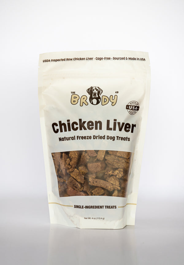 A stand-up pouch of The Brady Co. Chicken Liver Natural Freeze Dried Dog Treats, featuring a white background and a clear window showing the brown freeze-dried treats inside.