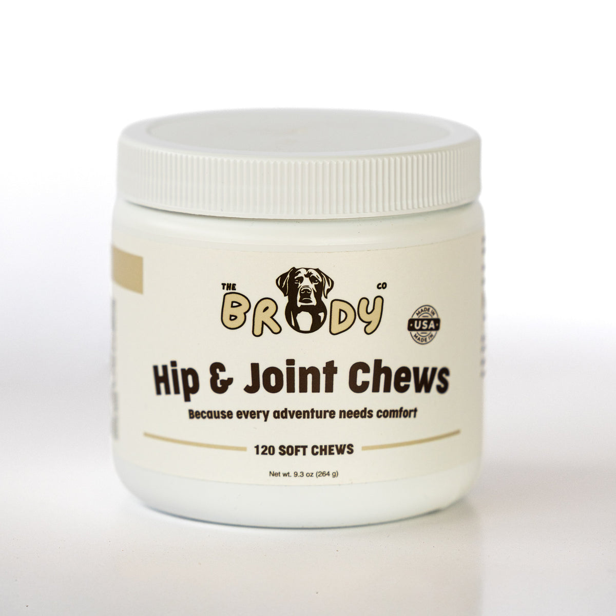 A white plastic jar of 'The Brody Co' Hip & Joint Chews for dogs, featuring a white screw-top lid and a cream-colored label with black and gold text.
