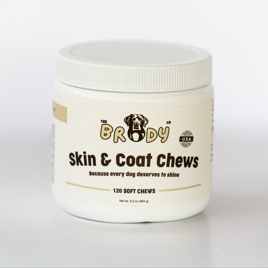 A white plastic jar of 'The Brody Co' Skin & Coat Chews for dogs, featuring a white screw-top lid and a cream-colored label with black and gold text.