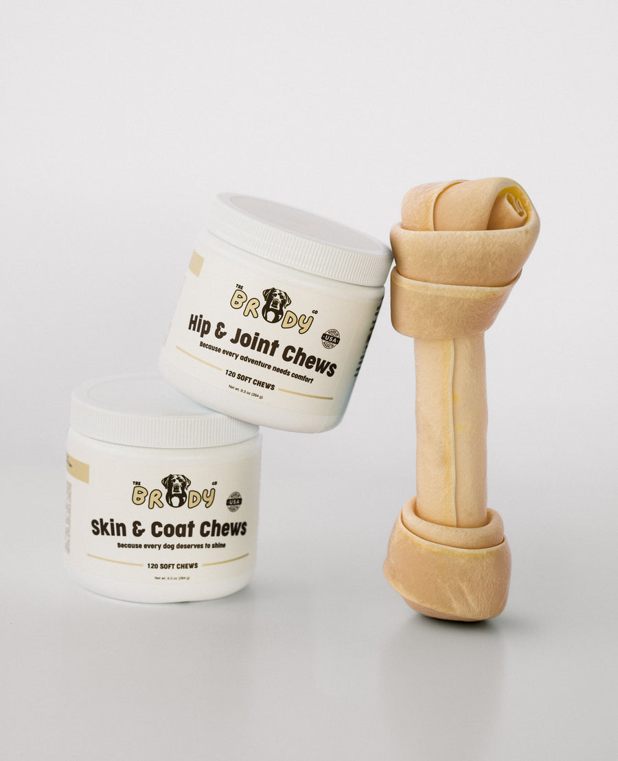 Two white plastic jars of Brody pet supplements, one labeled Hip & Joint Chews and the other Skin & Coat Chews, displayed next to a natural tan knotted dog chew bone on a clean white background.