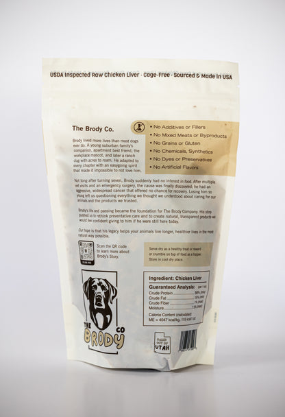 The back of a white bag of The Brody Co. organic chicken liver, showing text, ingredients, and a logo on a light gray background.