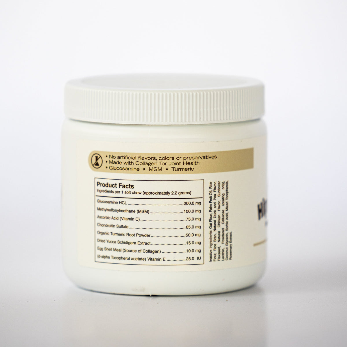 A white plastic jar of collagen powder with a ribbed screw-top lid, showing the back of the label with product facts and a beige banner, on a clean white background.