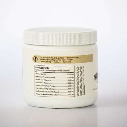 A white plastic jar of collagen powder with a ribbed screw-top lid, showing the back of the label with product facts and a beige banner, on a clean white background.