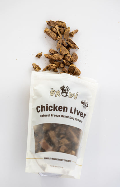 A white stand-up pouch of Brody Chicken Liver freeze dried dog treats with some of the brown treats spilled above the opening on a clean white background.