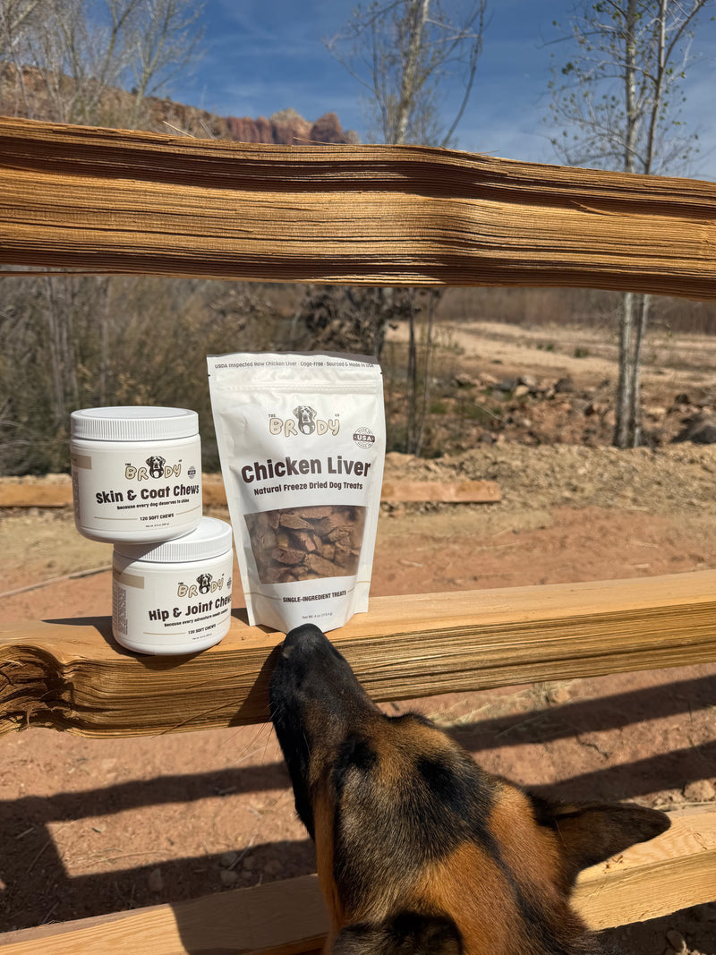 Dog food products on a wooden ledge with a dog sniffing them, outdoor setting.