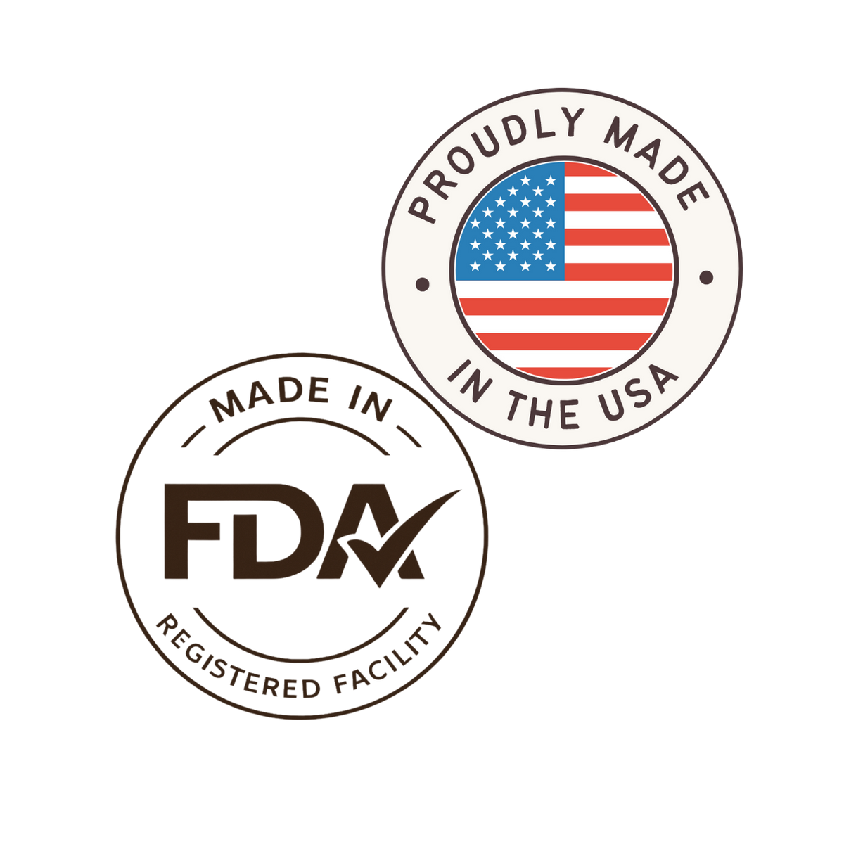 Two logos: one with 'Proudly Made in the USA' and an American flag, and the other with 'FDA Registered Facility'.
